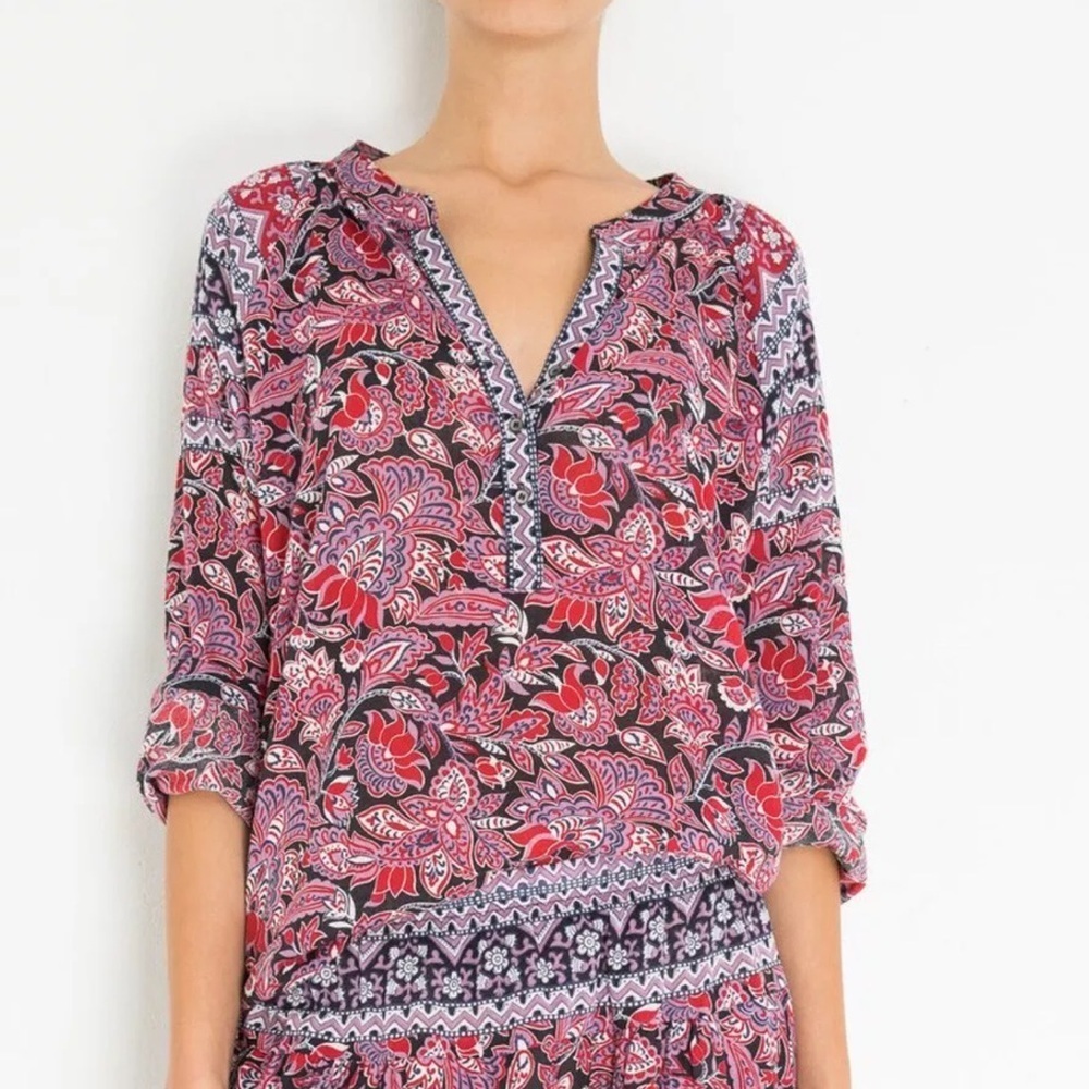 Xirena Marin Floral V-Neck Boho Long Sleeve Top Blouse small